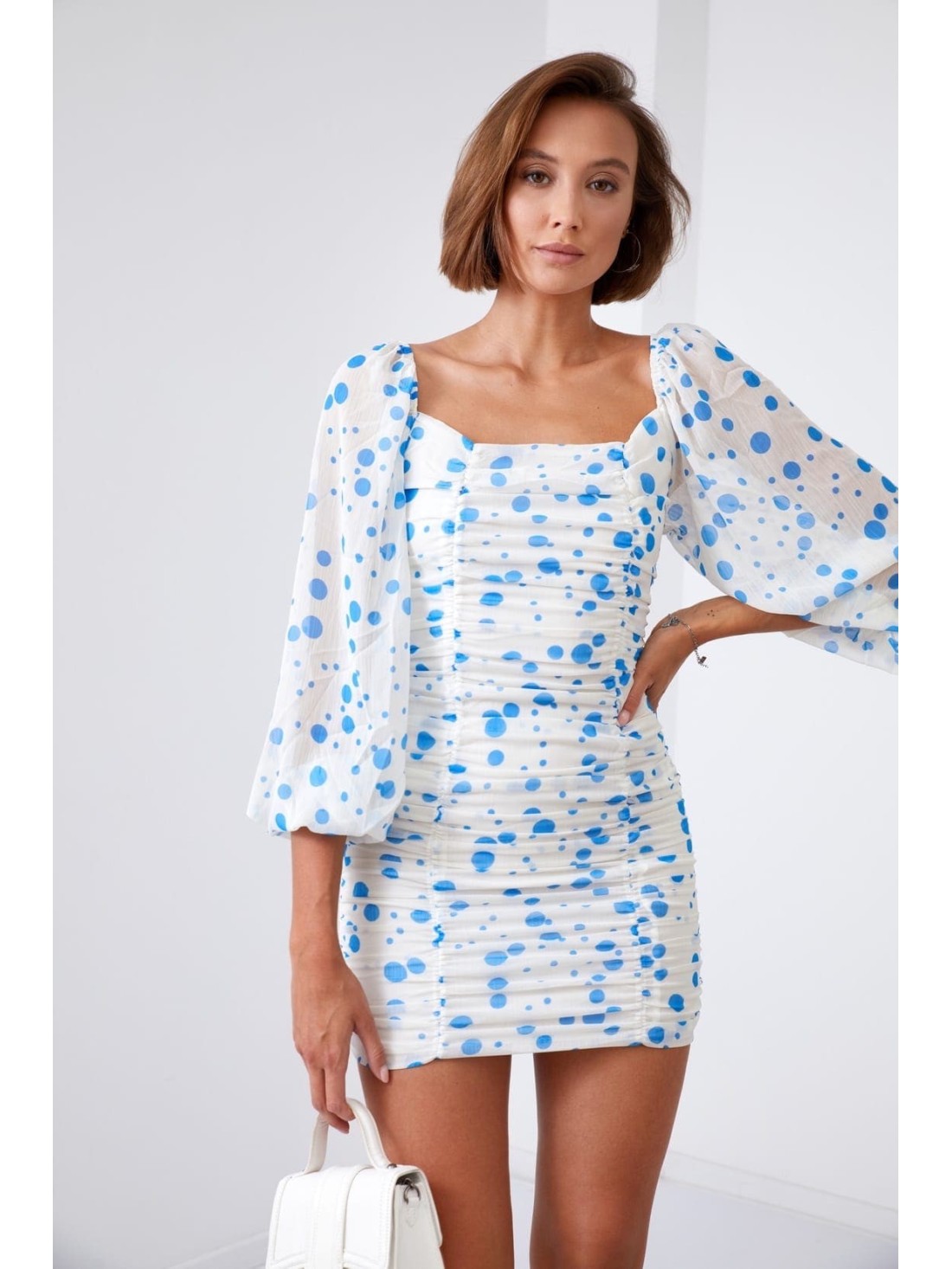 Cream and blue polka dot draped dress 2940 - Online store - Boutique